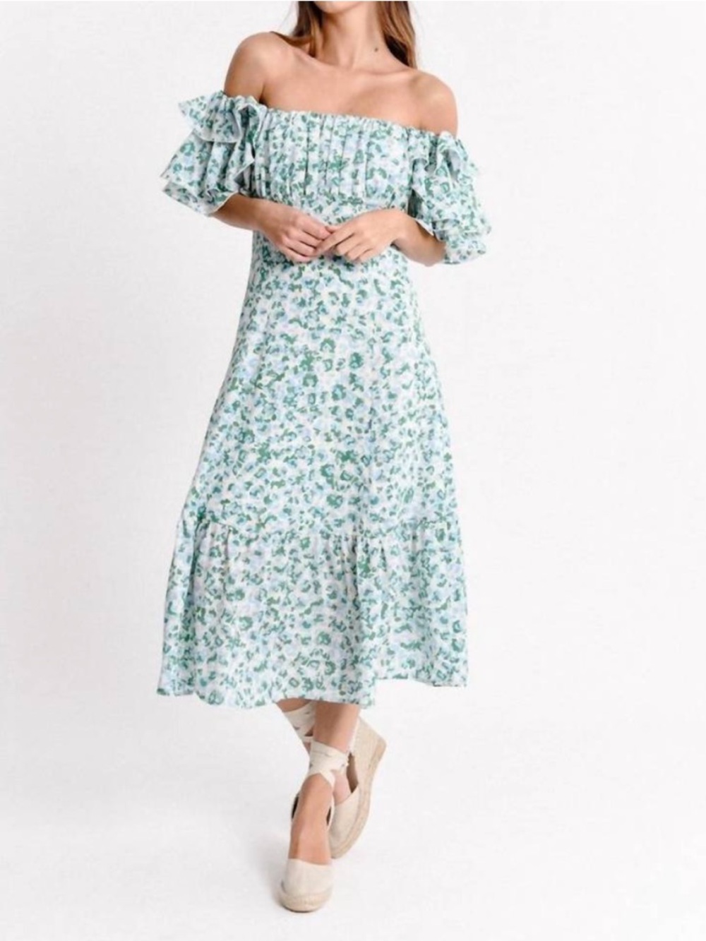 Molly Bracken Carmen Blue & Green Floral Ruffle Sleeve Dress Small Feminine